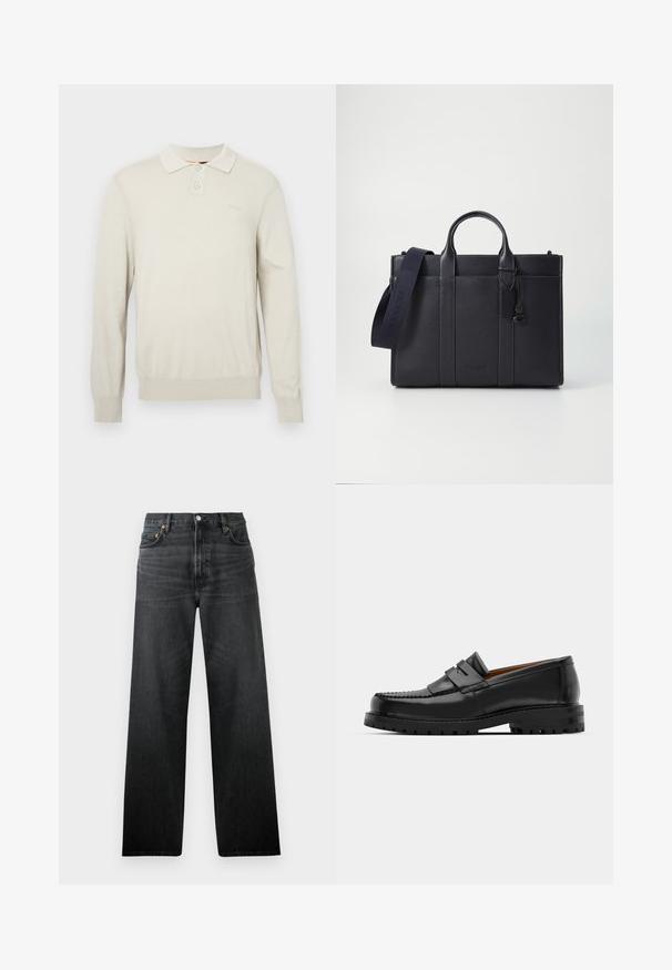 Cream long-sleeve polo shirt in a soft knit fabric. Features a classic collar, two buttons, and ribbed cuffs and hem. Subtle logo on chest.; Black denim jeans with a straight-leg design, featuring five pockets and a button closure. The fabric has a slight sheen and visible texture.; Black leather loafers feature a raised seam, two decorative straps on the upper, and a thick textured sole for added grip.; Dark navy leather briefcase with dual top handles and a detachable strap. Features textured finish, vertical stitching, and logo detail.
