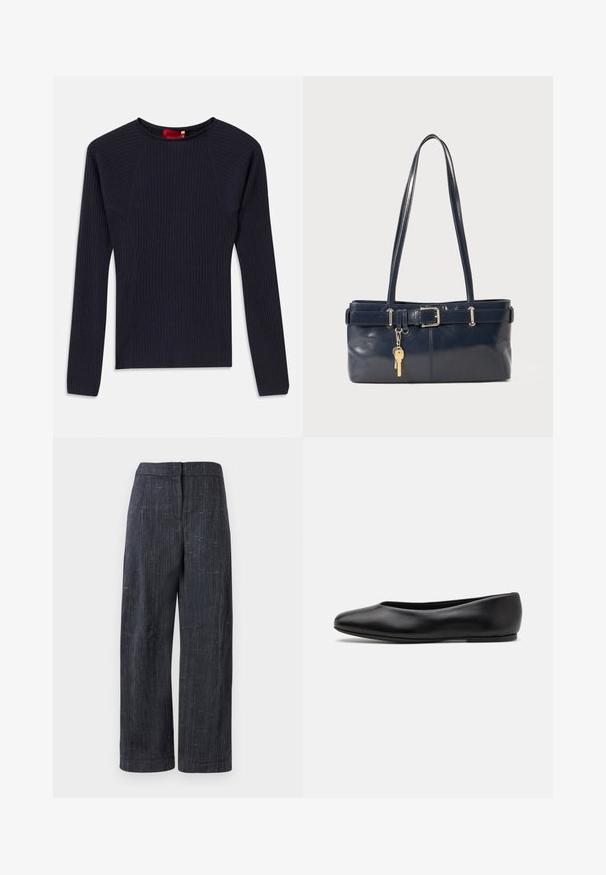 Marineblauwe, langarm geribde trui met ronde hals en slanke pasvorm.; Donkergrijze wijde broek met een subtiele geweven structuur, hoge taille en verborgen sluiting aan de voorkant.; Paul Smith TOPANGA - Ballerina's - black; Marine leren handtas met twee lange hengsels, een gespdetail en een sleutelhanger eraan bevestigd. Heeft een gladde textuur en een rechthoekige vorm.