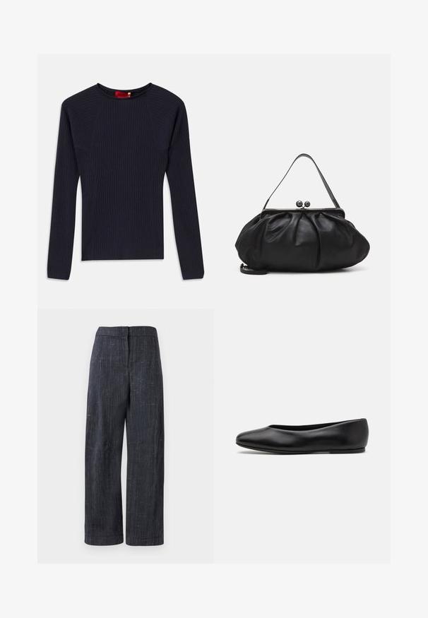 Pull en maille côtelée bleu marine, à manches longues, avec col ras du cou et silhouette ajustée.; Pantalons larges gris foncé avec un tissage texturé subtil, taille haute et fermeture frontale dissimulée.; Paul Smith TOPANGA - Ballerines - black; Sac à main en cuir noir avec un design arrondi et plissé. Il possède un fermoir métallique avec deux boules décoratives et une bandoulière fine et amovible.