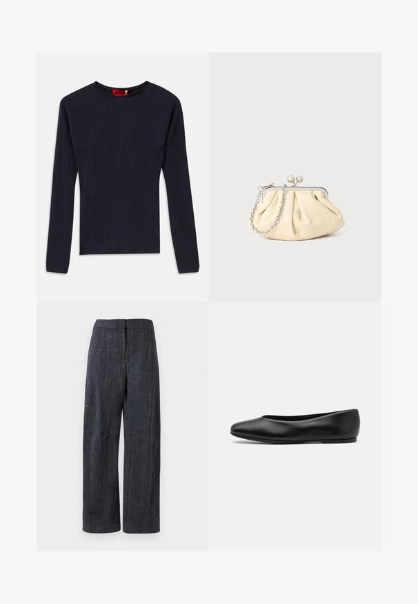 Navy blue, long-sleeve ribbed sweater with crew neckline and fitted silhouette.; Dark gray wide-leg pants with subtle textured weave, high waist, and concealed front closure.; Paul Smith TOPANGA - Ballet pumps - black; Pleated beige leather clutch with a silver metal frame, featuring two round decorative clasps and a silver chain strap.