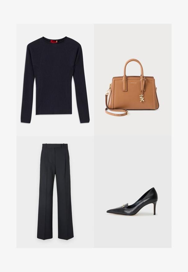 Jūras zila, gara piedurkne, ribota džemperis ar apaļu kakla izgriezumu un pieguļošu siluetu.; Tumši zili svītraini bikses ar augstu jostu, platu kāju dizainu un bez redzamiem aksesuāriem vai rotājumiem. Gluda tekstūra un pielāgota forma.; Melnas ādas sūkņi ar norādītu pirkstu, zemu griezumu un dekoratīvu zelta akcentu. Iezīmējas ar stiletto papēdi un gludu tekstūru.; Brūna ādas rokas soma ar divām rokturiem, noņemamu siksnu, zelta krāsas "MK" piekariņu un Michael Kors logo priekšpusē.