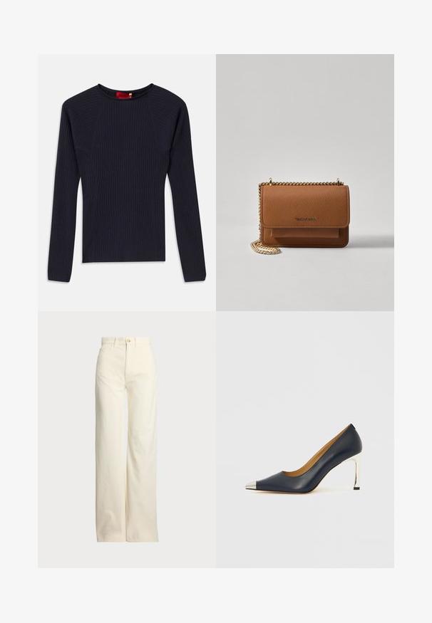 Tamsiai mėlynas, ilgomis rankovėmis, raštuotas megztinis su apvalia iškirpte ir prigludusia siluetu.; Polo Ralph Lauren COTTON CORDUROY WIDE-LEG PANT - Kelnės - warm white; Tamsiai mėlynas odinis aukštakulnis batelis su smailiu priekiu, puoštas sidabrine metaline apsauga ir blizgiu sidabriniu stiletto kulnu.; Ruda tekstūruota odinė per petį nešama rankinė su auksiniu grandininiu dirželiu ir užlenkiamo užsegimo. Priekinėje pusėje yra logotipo detalė ir kišenė po užlenkimu.