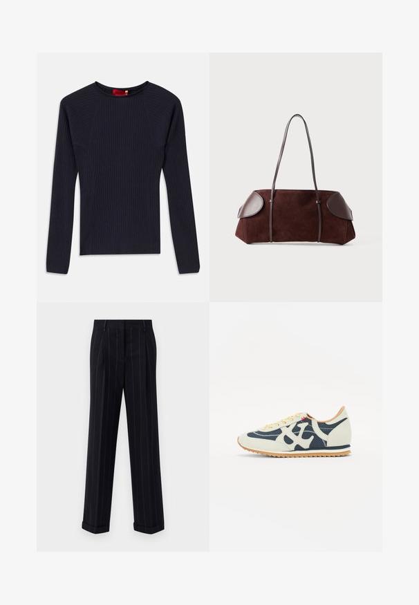 Pulover din tricot de culoare bleumarin, cu mâneci lungi, guler rotund și siluetă ajustată.; Pantaloni negri cu dungi, cu o croială adaptată, având o tivă cu manșetă și pliuri frontale. Construiți dintr-un material neted cu un design structurat.; Sneaker cu un amestec de materiale crem, bleumarin și suede, design cu șireturi, cusături diagonale și talpă din cauciuc cu tracțiune.; Geantă din suede maro cu accente din piele, formă structurată, două curele de umăr și margini rotunjite, având o textură netedă și hardware minim.