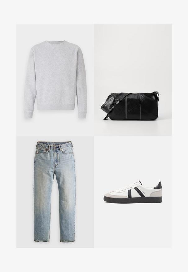 Grå sweatshirt lavet af blødt stof, med rund hals, lange ærmer samt ribbemanchetter og -kant. Simpelt design uden logoer eller mønstre.; Lysblå denim jeans med høj talje, frontknap, lynlås og fem-lomme design, lagt fladt på en neutral baggrund.; Hvide sneakers med sorte og grå detaljer, med en tekstureret grå tåhætte, sort gummisål og flade hvide snørebånd. Rent design, minimalistisk stil.; Sort læder skuldertaske med lynlås, der har en tekstureret overflade, hvid syning og en rem med sølvøskner.