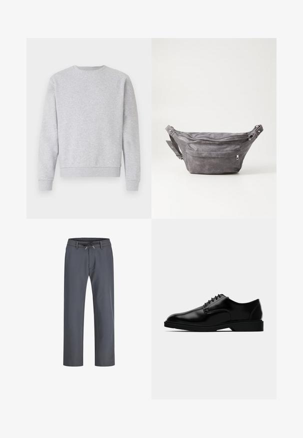 Felpa grigia realizzata in tessuto morbido, con collo a giro, maniche lunghe e polsini e bordo a costine. Design semplice senza loghi o fantasie.; Pantaloni grigi con vita elastica e cordoncino. Design a gamba dritta, realizzati in tessuto liscio, caratterizzati da cuciture minime e senza hardware visibile.; Scarpe da uomo in pelle nera con una finitura liscia, punta arrotondata, design con lacci e suola in gomma discreta per una buona aderenza.; Fanny pack in suede grigio con forma arrotondata, due scomparti con cerniera e tracolla regolabile. Presenta dettagli in metallo.
