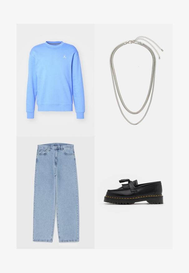 Svetlo modrý sveter vyrobený z mäkkej látky, s okrúhlym výstrihom, dlhými rukávmi a bielym logom na hrudi. Rybárske manžety a lem.; Svetlomodré denimové džínsy s rovnými nohavicami, s polovysokým pásom, piatimi vreckami a zapínaním na gombík a zips.; Čierne kožené loafre s detailom na strapcoch, s masívnou čiernou podrážkou a žltým prešitím pozdĺž okraja. S textúrovaným povrchom.; Trojvrstvový náhrdelník zo strieborného kovu s elegantnými, flexibilnými reťazami s jemným leskom, zabezpečený sponou typu langusta a nastaviteľným reťazcom.
