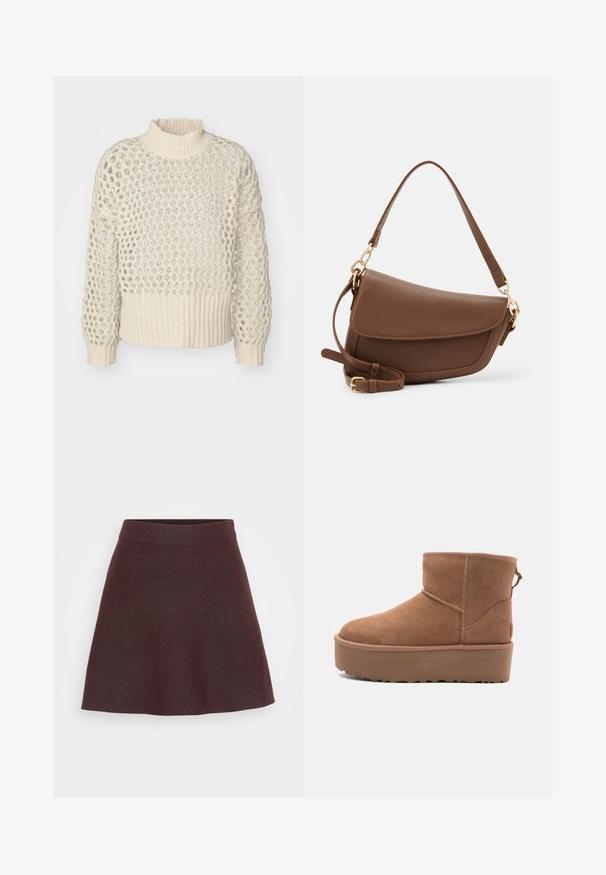 Pull en tricot crème avec un design texturé à mailles ouvertes et un ourlet côtelé. Col haut et manches longues avec une coupe ample.; Jupe tricotée bordeaux avec une coupe évasée, une large taille et une texture lisse, de couleur unie sans motifs ni accents.; Bottine en suède tan avec une semelle plate-forme, un bout arrondi et des accents de couture ; elle est dotée d'une languette à l'arrière pour un enfilage facile.; Sac à épaule en cuir marron avec une finition texturée, forme courbée, quincaillerie dorée, bandoulière réglable et fermeture à rabat.