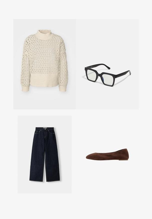 Kremasta pletena jopica s strukturiranim, odprtim tkanjem in rebrastim robom. Visok ovratnik in dolgi rokavi z ohlapnim krojem.; Temno modri široki jeans z visokim pasom, petimi žepi, kontrastnim šivanjem in srebrnim kovinskim okovjem. Gladka tekstura in čista končna obdelava.; Rjavi semiš baletni copati s koničastim nosom, ravnim podplatom in gladko teksturo. Eleganten dizajn brez vidnih dodatkov ali okraskov.; Črne sončne očala s mat končno obdelavo, ki imajo prozorne leče z rahlo modrim odtenkom na eni strani. Močna, angleska zasnova.; Rjav in krem torba iz kravjega usnja s gladkim usnjenim trakom, z zadrgo in mehko, strukturo površino, ki prikazuje naravni vzorec.