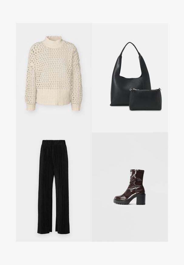 Crème gebreide trui met een textuur, open geweven ontwerp en een geribbelde onderkant. Hoge hals en lange mouwen met een losse pasvorm.; Zwarte geplooide broek met een elastische tailleband. Beschikt over wijde pijpen en een glad, gestructureerd stof met verticale strepen.; Glanzende bordeauxrode enkelboot met een chunky zwarte hak, met een gladde textuur en een eenvoudig ontwerp. Geen zichtbare sluitingen of patronen.; Even&Odd SET - Handtas - black