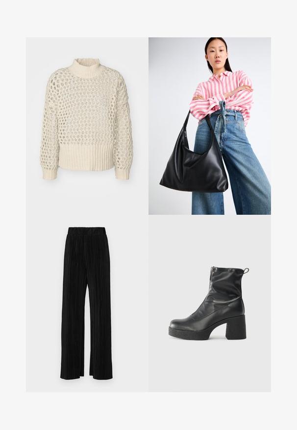 Krämfärgad stickad tröja med en strukturerad, öppen vävdesign och ribbat avslut. Hög hals och lång ärm med en lös passform.; Svarta plisserade byxor med resårmidja. Har vida ben och ett mjukt, texturerat material med vertikala ränder.; Svarta ankelstövlar i slitstark läder, med sidodragkedja, kraftig strukturerad klack och rundad tådesign.; Svart läderaxelväska med en avslappnad form och sömdetaljer. Modellen bär en randig skjorta i rosa och vitt tillsammans med vida blå jeans.