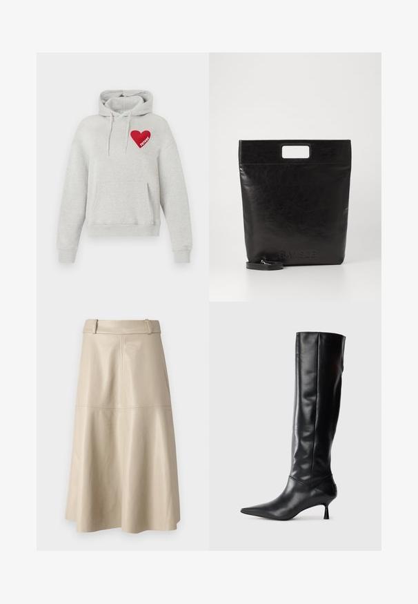 Haut à capuche gris clair avec poche avant, cordons de serrage, et graphique en forme de cœur rouge sur la poitrine avec le mot "FUTURE" à l'intérieur.; Jupe midi en cuir beige avec une texture lisse, une large taille et un ourlet évasé ; présente des coutures piquées pour un détail supplémentaire.; Botte en cuir noir hautes jusqu'au genou avec un bout pointu et un talon fin et courbé. Texture lisse, design ajusté, sans matériel ni motifs visibles.; Sac fourre-tout en cuir noir avec une poignée carrée, arborant une finition texturée et un logo en relief. Comprend une bandoulière amovible.