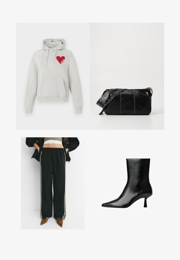 Lys grå hoodie med frontlomme, snore og rødt hjertegrafik på brystet med ordet "FREMTID" indeni.; Langærmet hvid cropped t-shirt, lavet af blødt stof, har en rund hals og en afslappet pasform med manchetter på ærmerne. Simpelt og rent design.; Sorte, løse joggers med elastisk talje og sidelommer, der har kontrasterende lys beige striber langs benene.; Sorte ankelstøvler lavet af blank læder med spidse tær og slank hæl, der har en glat tekstur og et minimalistisk design.; Sort læder skuldertaske med lynlås, der har en tekstureret overflade, hvid syning og en rem med sølvøskner.