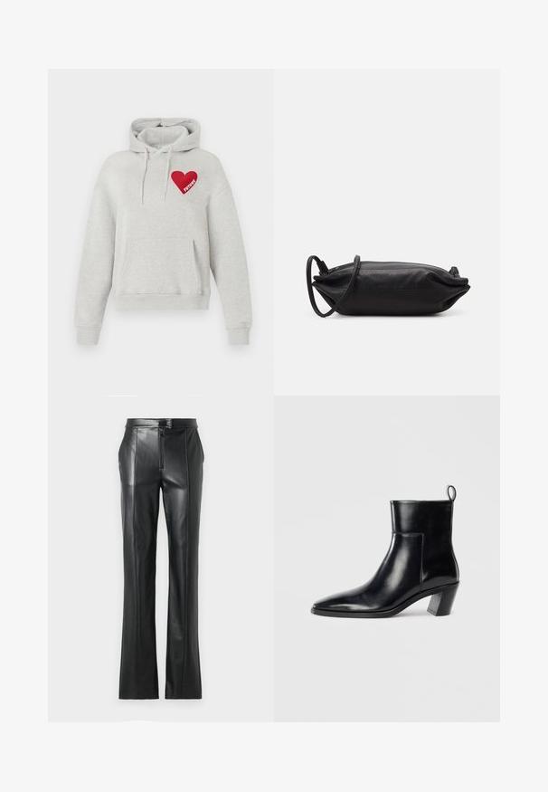 Hanorac gri deschis cu buzunar frontal, șnururi și un grafic cu inimă roșie pe piept cu cuvântul "FUTURE" în interior.; Pantaloni din piele neagră cu o croială dreaptă, talie înaltă, închidere cu fermoar și detalii de cusătură vizibile pe cusături. Textură netedă.; Cizme negre din piele până la gleznă, cu vârful ascuțit, toc geometric patrulat și un manșon pentru tragere în spate. Textură netedă și design elegant.; Geantă de mână din piele neagră, cu o formă rectanguală, textură netedă, curea subțire pentru umăr și design minimalist.