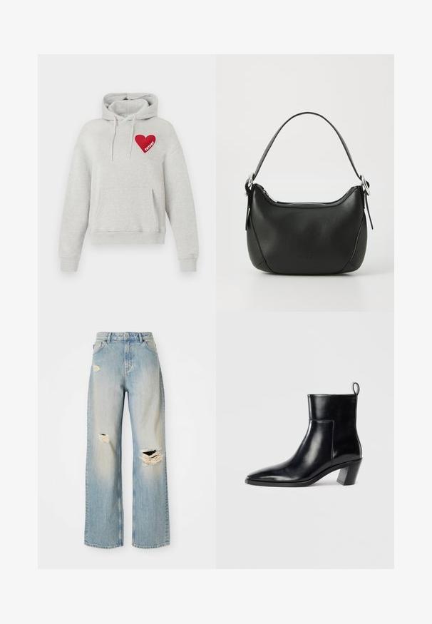 Lys grå hoodie med frontlomme, snore og rødt hjertegrafik på brystet med ordet "FREMTID" indeni.; Lysblå lige-benede jeans med høj talje, bæltestropper og slidte huller på venstre lår, højre knæ og nederste venstre ben.; Sort læder ankelstøvle med spids tå, geometrisk stablet hæl og en løftestrop bagpå. Glat tekstur og slankt design.; Sort læderhandtaske med en buet form, sølv lynlås og et kort håndtag. Har et diskret logo på forsiden og en glat tekstur.