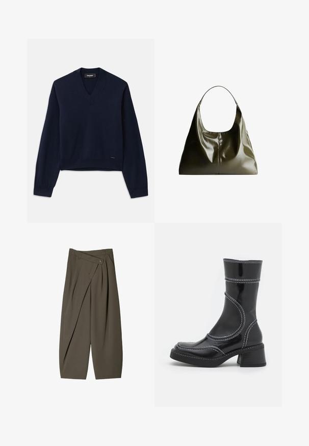 Sötétkék, hosszú ujjú pulóver V-nyakú kialakítással, puha szövetből készült. Bordás mandzsettákkal és szegéllyel rendelkezik, minimális logóval az alján.; Fehér, hosszú ujjú pamut póló, kerek nyakkal és laza szabással. A dizájn egyszerű, nincs látható minta vagy kiegészítő.; Széles szabású sötét olívazöld nadrág, pleated elülső kialakítással, gombos záródással és fényes, texturált felülettel.; Fekete lakkbőr bokacsizma fehér varrással, kerek orral és blokk sarkal. Görbült formai vonalakkal és sima textúrával rendelkezik.; Olíva zöld bőrtáska, sima, fényes felülettel. Kerek tetejű és puha, lazán hullámos formájú. Minimalista dizájn.