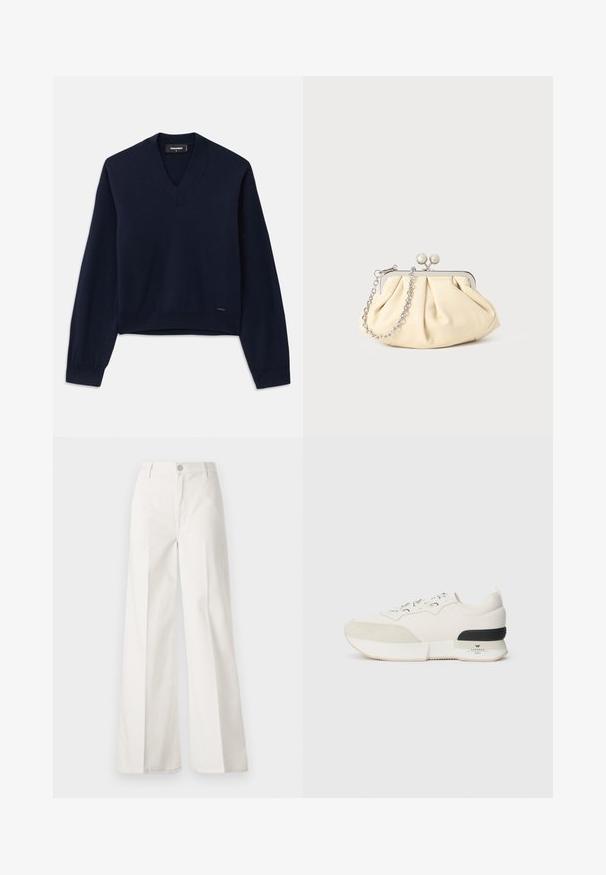 Tamsiai mėlynos spalvos, ilgų rankovių džemperis su V formos iškirpte, pagamintas iš minkštos medžiagos. Turi gipiūrines rankovių ir apačios dalis, minimalus prekės ženklas apačioje.; Balti platūs baltos spalvos keliai, pagaminti iš medvilnės su lygiu paviršiumi. Yra priekinis mygtukas, užtrauktukas ir keturi kišenės.; Balti sportiniai bateliai su tekstūruotu zomšiniu priekiu, sklandžiu tinkliniu viršumi, dekoratyviomis raištelėmis ir juodu guminiu kulno akcentu.; Plyšiniai smėlio spalvos odiniai rankinukai su sidabriniu metaliniu rėmu, turintys du apvalius dekoratyvinius užtrauktukus ir sidabrinę grandinėlę.