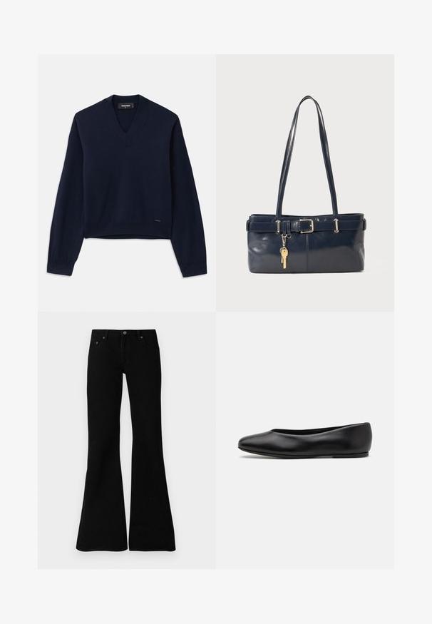 Tmavě modrý, dlouhý svetr s výstřihem do V, vyrobený z měkké tkaniny. Obsahuje žebrované manžety a lem, minimální značení na spodní části.; Černé zvonové džíny vyrobené z denimu, s klasickým pětipocket designem, zapínáním na knoflík a jemnými švy podél švů.; Paul Smith TOPANGA - Klasické baleríny - black; Námořnická kožená kabelka s dvěma dlouhými uchy, detaily s přezkou a připevněným klíčenkou. Vyznačuje se hladkým povrchem a obdélníkovým tvarem.