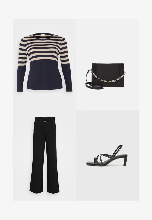 Long-sleeve striped sweater featuring horizontal navy and beige stripes, round neckline, and a soft, smooth fabric texture.; Black wide-leg trousers made of lightweight fabric, featuring a smooth texture, front pleats, and a belt with a square metal buckle.; Black strappy sandal with a square toe and a low block heel. Features multiple thin straps and an adjustable ankle strap. Made of smooth leather.; Black leather crossbody bag featuring a smooth texture, rectangular shape, and a metallic chain detail on the front. Adjustable strap included.