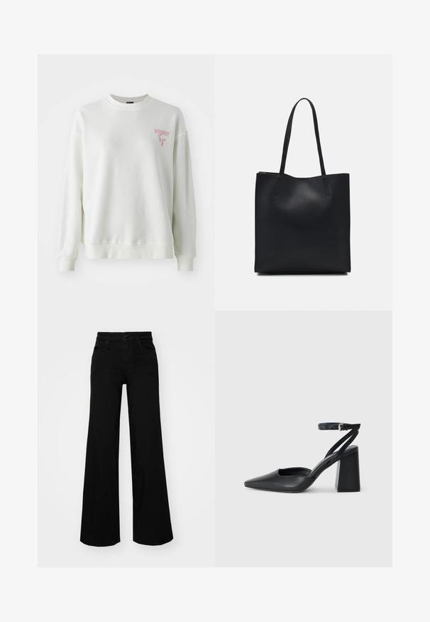 Sweatshirt branca com gola redonda, mangas compridas e punhos canelados. Apresenta texto rosa "HOWDY" na área do peito esquerdo. Material de algodão macio.; Calças largas pretas em denim, com uma cintura estruturada, passantes para cinto e bolsos frontais. Textura suave com um design clássico.; Sandal com biqueira afilada em couro preto, com cinta no tornozelo e salto grosso. Textura lisa, design elegante e estética minimalista.; Bolsa tote preta em couro com textura lisa, forma retangular e duas alças longas. Sem hardware ou enfeites visíveis.