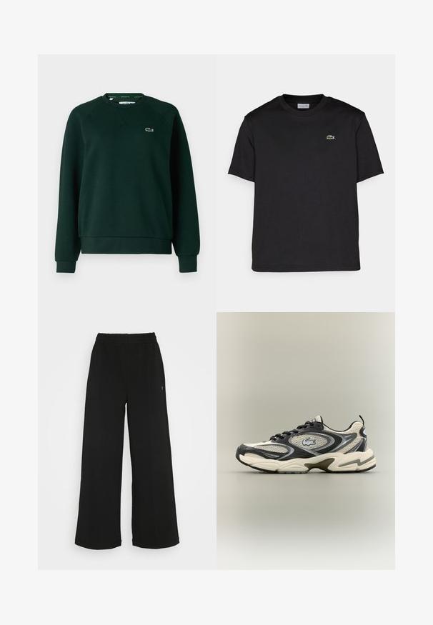 Lacoste Φούτερ - sinople; Μαύρη βαμβακερή μπλούζα με στρογγυλή λαιμόκοψη, κοντά μανίκια και μικρό πράσινο κεντημένο λογότυπο στη αριστερή πλευρά του στήθους. Απλή σχεδίαση.; Μαύρο παντελόνι καμπάνα με ελαστική μέση. Κατασκευασμένο από μαλακό, ελαφρύ υλικό. Διαθέτει κάθετες ραφές κατά μήκος του μπροστινού μέρους.; Μαύρα και μπεζ μπασκετικά παπούτσια από δίχτυ διαθέτουν επενδεδυμένο κολάρο, υφή στην επάνω πλευρά και έντονο λογότυπο στο πλάι. Κομψός σχεδιασμός με καμπυλωτή σόλα.