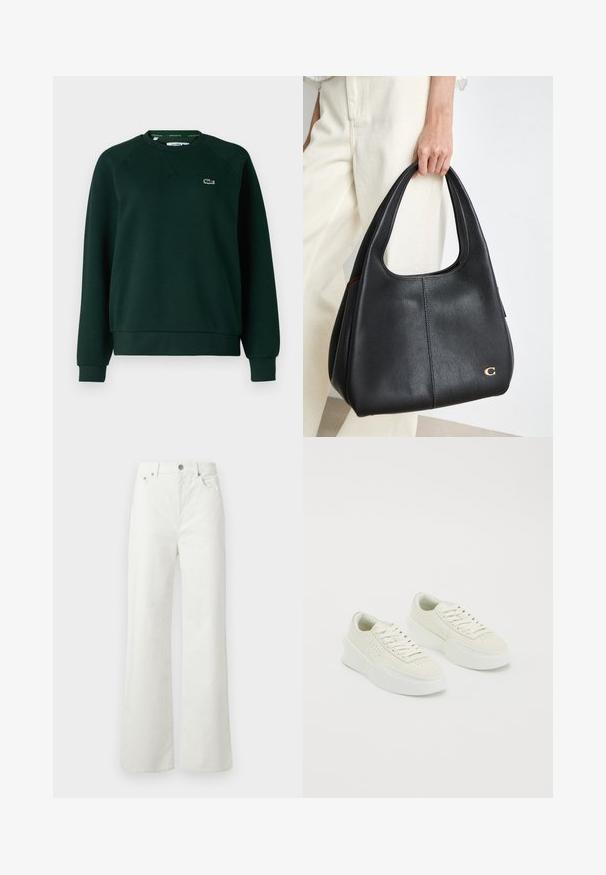 Lacoste Mikina - sinople; Samsøe Samsøe SHELLY - Džínsy voľného strihu - clear cream; Biele nízke tenisky s hrubými podrážkami a šnúrkami, so perforovanými detailmi na bokoch a v oblasti špičky, vystavené na bielom pozadí.; Čierna kožená hobo taška s textúrovaným povrchom, predĺženými rukoväťami a zlatým logom na boku.