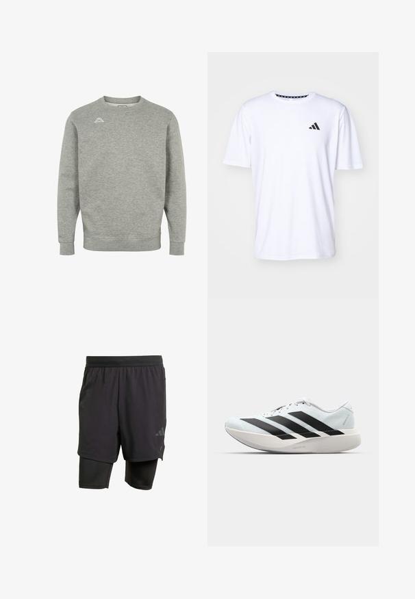 Pelēka sporta krekla, kas izgatavots no mīksta materiāla, iezīme ir apaļa kakla izgriezums, garas piedurknes un neliels logo kreisajā augšējā krūtī.; Balta īsām piedurknēm T-kreklu, kas izgatavots no auduma ar gludu tekstūru. Tam ir melns adidas logo kreisajā krūtī un rakstains apkakles dizains.; Melni sporta šorti ar iebūvētu iekšējo slāni, izgatavoti no elpojoša auduma. Iekļautas diskrētas logotipa detalizācijas un strukturēta tekstūra. Regulējama jostasvieta.; Gaiši zili vieglie skriešanas apavi ar melniem svītrainiem. Iezīmēti ar gludu augšpusi, apaļu purngalu un biezāko balto vidējo zoli, kurā ir uzraksts "LIGHTSTRIKE PRO."