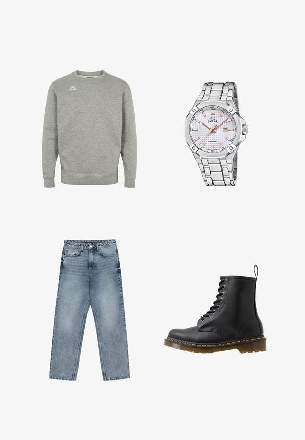 Šedá mikina vyrobená z měkkého materiálu, s kulatým výstřihem, dlouhými rukávy a malým logem na levé horní části hrudi.; Světle modré džíny z denimu se střihom rovnými nohavicemi, viditelným šitím, designem s pěti kapsami a knoflíkovým zapínáním v pase.; Černá kožená kotníková bota s kulatou špičkou, designem šněrování na očka, oranžovým prošíváním a masivní průhlednou podrážkou. Ucho na zzipu vzadu.; Stříbrné nerezové hodinky s texturovaným bílým ciferníkem, rose gold akcenty, zobrazením data a náramkem s články. Kryt ze safírového skla.