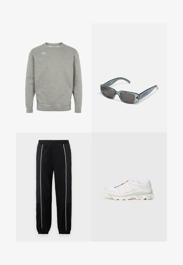 Szara bluza wykonana z miękkiego materiału, z okrągłym dekoltem, długimi rękawami i małym logo na lewej górnej części klatki piersiowej.; Czarne dresy z białymi paskami po bokach, elastycznym paskiem w talii i ściągaczami. Wykonane z miękkiego, teksturowanego materiału zapewniającego komfort i elastyczność.; Białe buty sportowe z teksturowaną siateczką, odblaskowymi akcentami i wyprofilowaną podeszwą. Zauważalne logo marki z boku.; Santa Cruz INFERNO UNISEX - Okulary przeciwsłoneczne