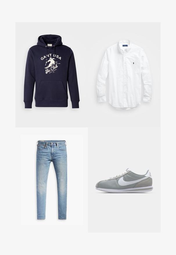 Felpa con cappuccio blu navy in cotone misto, con tasca a marsupio frontale, cappuccio con cordino e grafica bianca di sci con testo.; Camicia bianca a maniche lunghe con bottoni in cotone. Presenta un colletto classico, polsini a bottone e un piccolo logo ricamato in blu navy sul petto.; Jeans slim fit blu chiaro con leggere sfumature sulle cosce, chiusura con bottone anteriore, passanti per cintura e cinque tasche su uno sfondo bianco.; Scarpa sportiva grigia con tomaia in camoscio e tessuto, swoosh Nike bianco e lacci bianchi. Presenta una suola in gomma testurizzata e un collare imbottito.