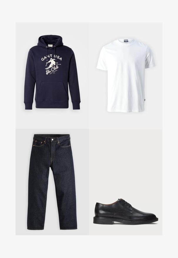 Marineblaue Kapuzenjacke aus Baumwollmischung mit einer vorderen Kängurutasche, verstellbarem Kapuzenzug und einem weißen Ski-Grafikdesign mit Text.; Weiße Baumwoll-Crewneck-T-Shirt mit kurzen Ärmeln, mit einem dezenten geprägten "Joop!"-Logo auf der Brust und geradem Saum.; Dunkelblaue Jeans aus Denim mit geradem Schnitt, fünf Taschen, kontrastierenden orangen Nähten und einem Knopfverschluss. Keine sichtbaren Muster oder Verzierungen.; Schwarze Lederdressschuhe mit runder Zehenform, Schnürdesign und niedrigem gestapeltem Absatz. Glatte Textur mit minimalen Nähten.