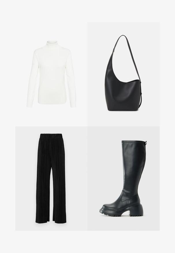 White turtleneck sweater made of soft knit fabric. Features long sleeves and a fitted design, with a ribbed neckline and hem.; Black pleated trousers with an elastic waistband. Features wide legs and a smooth, textured fabric with vertical stripes.; Tall black leather boot with chunky platform sole and block heel, featuring pull tab and textured tread on outsole.; Black leather hobo bag with a smooth texture, curved shape, and single adjustable strap; features a wide opening at the top.