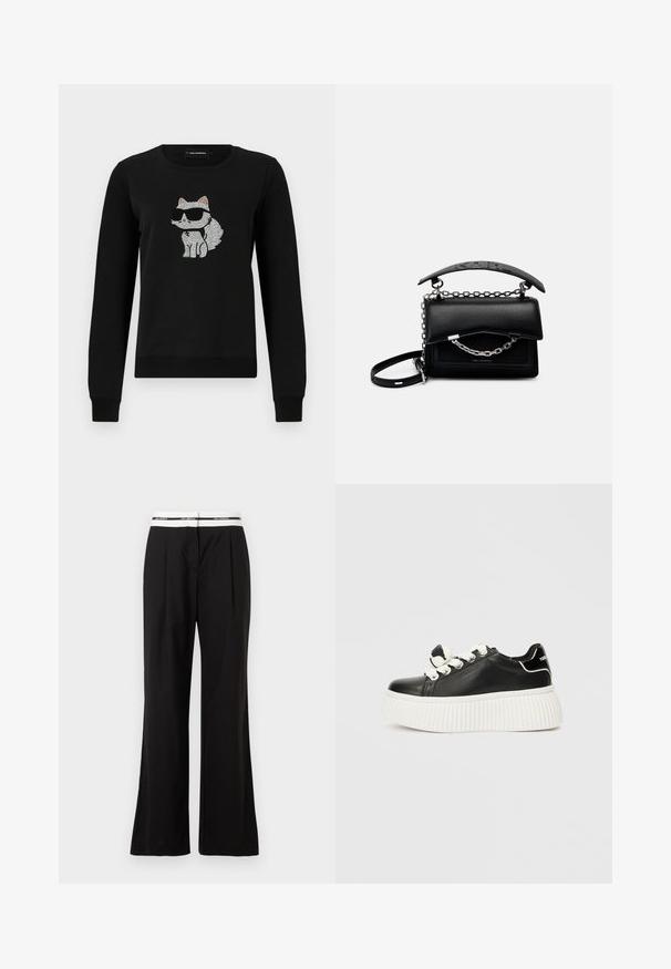 Sudadera negra con un diseño de gato hecho de strass, usando gafas de sol. El escote es de estilo redondo, con puños acanalados en las mangas.; Pantalones negros de corte relajado, con una cinturilla elástica blanca que lleva marca. Fabricados en un tejido suave con un ligero brillo.; Zapatilla de cuero negra con una gruesa suela blanca estriada, que presenta cordones blancos y un lazo decorativo en la lengüeta.; Bolso de mano de cuero negro con un diseño estructurado, acentos de cadena y asa, y una superficie texturizada. Presenta un cierre con solapa con la marca visible.