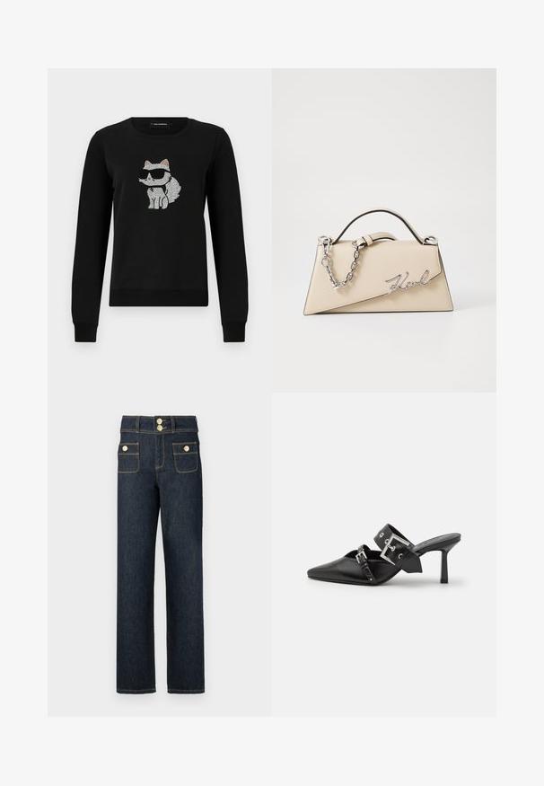 Melnā džemperis ar kaķa dizainu, kas izgatavots no rhinestones un valkā saulesbrilles. Kakla izgriezums ir apaļas formas, ar ribotām piedurknēm.; Tumši zila džinsu auduma bikses ar taisnu kāju dizainu, divām priekšējām kabatām, zeltītām apdarelementiem un kontrastējošiem dūrieniem.; Melnas augstpapēžu mūles ar norādītu purngalu, izgatavotas no gludas ādas. Iekļauj plašu potītes siksnu ar kvadrātveida sudraba sprādzi un kniedēm.; Bežs ādas roku soma ar strukturētu, trīsstūrveida formu, piedāvā sudraba ķēdes rokturi un kursīva metāla logotipu.