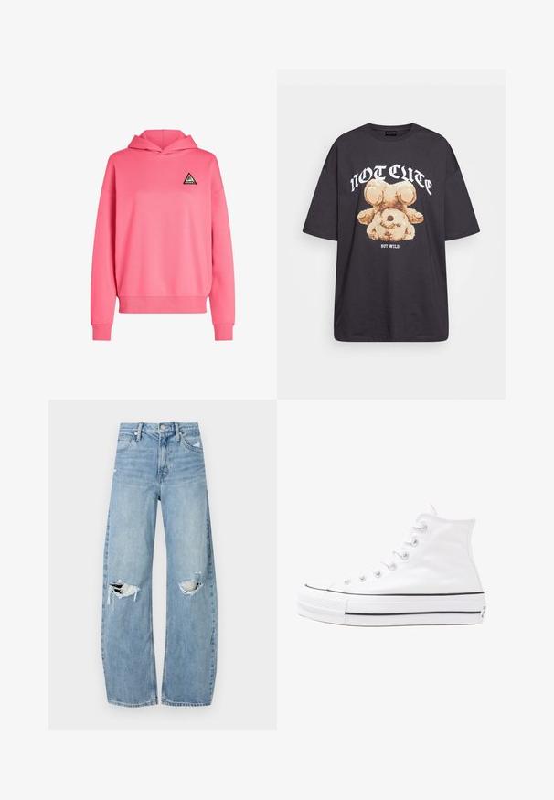 Růžová mikina s kapucí vyrobená z měkkého materiálu, se trojúhelníkovou nášivkou na hrudi. Obsahuje žebrované manžety a spodní lem.; Černé oversized tričko s grafikou medvěda a textem „NENÍ CUTE, ALE DIVOKÝ“ v tučném bílém písmu. Bavlněný materiál.; Světle modré džíny s vysokým pasem vyrobené z denimu. Mají široké nohavice, dvě roztržené oblasti na kolenou a klasický pětikapsový střih.; Bílé vysoké plátěné tenisky s černou gumovou podrážkou, přední gumovou špičkou a šesti očky na tkaničky, se čistým, minimalistickým designem.