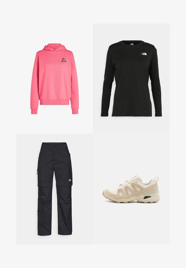 Rozā kapuces džemperis, izgatavots no mīksta auduma, ar trīsstūra logotipa uzšuvi uz krūšu daļas. Iekļauj ribotas aproces un apakšmalu.; Melnas garām piedurknēm T-krekls, izgatavots no kokvilnas ar apaļu kaklu. Tam ir mazs balts logo kreisajā krūtīs. Vienkāršs dizains un piegulums.; Melni nailona bikses ar noņemamām kājām, regulējamiem uzmavām, vairākām kabatām un logotipu uz labās kājas. Gluda, viegla tekstūra.; Beige un krēma sporta apavi ar strukturētu tīkla virsmu, atbalstošajiem slāņiem un gumijas zoli ar protektoru rakstu, kas nodrošina saķeri.