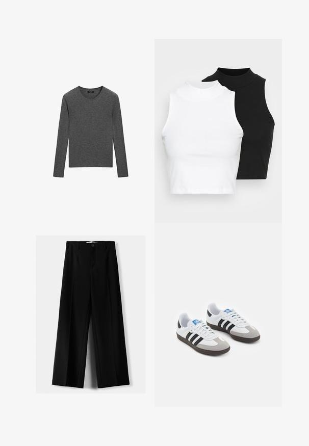 Massimo Dutti RIBBED CREW NECK - Svetr - dark grey; Dvě bezrukávové halenky s ribovým stojáčkem v černé a bílé barvě, které mají přiléhavý střih a hladkou texturu, s krácenou délkou.; Černé široké kalhoty z lehkého materiálu s předním zapínáním na knoflík a hladkým předním dílem, s pečlivě přišitými lemy.; Sportovní boty s bílým koženým svrškem, šedou semišovou špičkou a třemi černými pruhy. Obsahují modré logo na jazyku a texturovanou gumovou podrážku.