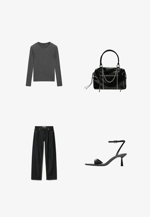 Massimo Dutti RIBBED CREW NECK - Trui - dark grey; Donkerdenim jeans met een rechte snit, messing knoopsluiting en contrasterende gele stiksels. Beschikt over vijf zakken en een klassieke pasvorm.; Bershka Sandalen met hoge hak - black; Bershka WITH CHAIN - Handtas - black
