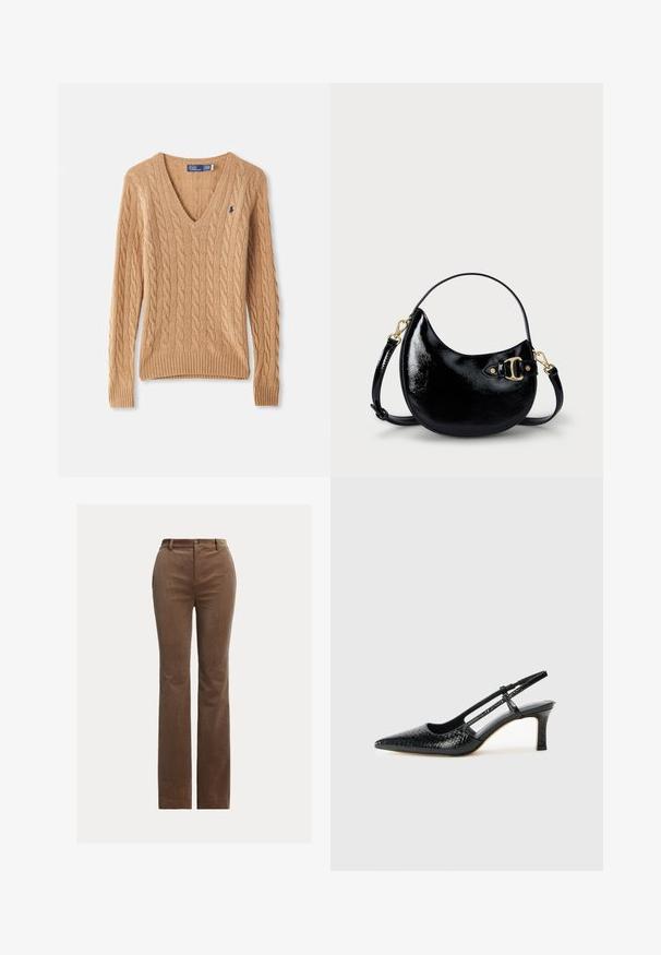 Camel-colored cable knit V-neck sweater with long sleeves and small navy embroidered logo on the chest.; Brown corduroy trousers with a straight-leg design, featuring belt loops, front pockets, and subtle vertical ribbing for texture.; Black patent slingback heel with a pointed toe, featuring textured snake print, adjustable strap, and a short, textured block heel.; Black patent leather handbag with a curved shape, adjustable strap, and gold-tone hardware detail on the side. Smooth, shiny texture.