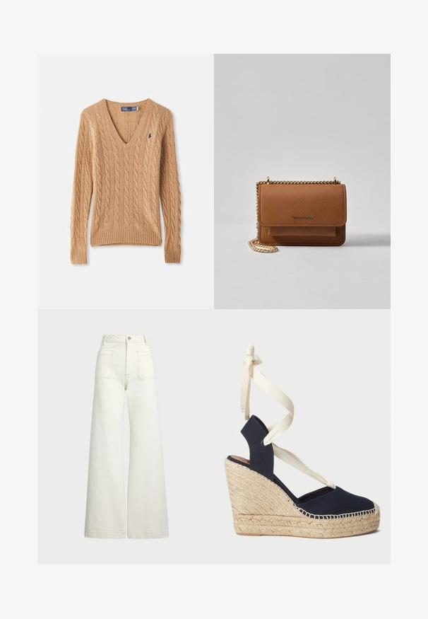 Kamel-farget kabelstrikket V-hals genser med lange ermer og liten marineblå brodert logo på brystet.; Vidde bukser i off-white denim. Høyt liv-design med knappelukking, to frontlommer og kontrastsøm detaljer.; Marine blå lærret kile sandal med jute såle og kremfargede bånd rundt ankelen. Lukket hæl og rund tå-design.; Brun teksturert lær crossover-veske med gullkjede-stropp og klaffelukking. Fronten har logo-detalj og en lomme under klaffen.