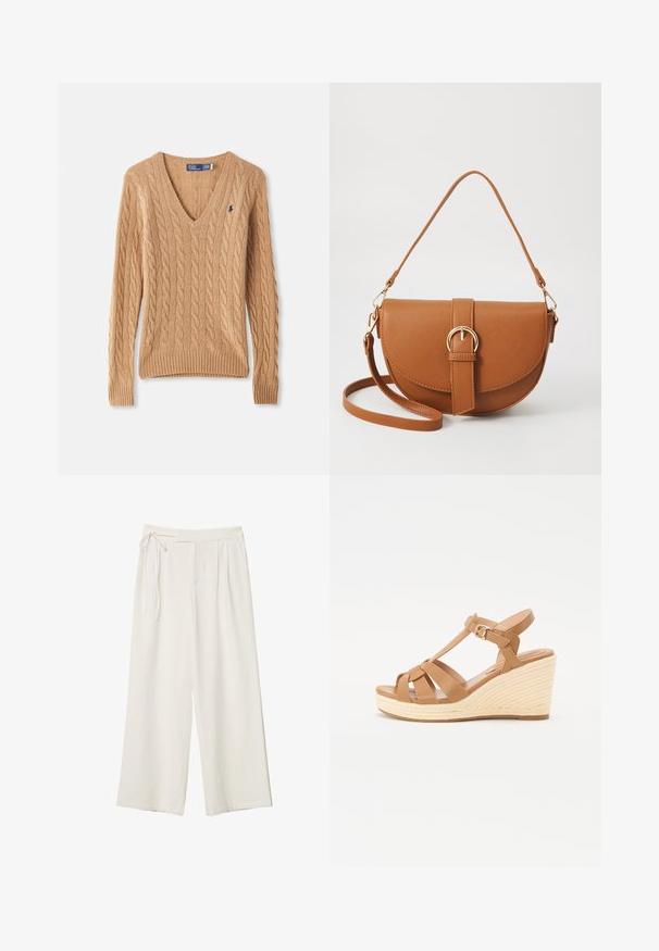 Svetr camelové barvy s pleteným vzorem do V, dlouhými rukávy a malým námořnickým vyšitým logem na hrudi.; Kalhoty širokého střihu v off-white látce s hladkým povrchem. Mají zavázaný pas a na přední straně jsou plisé, navrženy pro pohodlné nošení.; Hnědé klínové sandály s křížovým designem, nastavitelnou přezkou kolem kotníku a texturovaným tkaným klínem ve stylu espadrille.; Hnědá kožená křížová taška s zakřiveným tvarem, zlatými detaily a akcentem s přezkou. Obsahuje odnímatelný popruh na rameno.