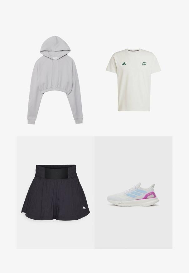 Sudadera corta gris con capucha ajustable, mangas raglán y dobladillo elástico. Presenta el texto "ACTIVE" en la manga izquierda. Textura de tela suave.; Camiseta de algodón blanca con mangas cortas, que presenta el logo verde de Adidas y texto en el lado izquierdo del pecho, y un logo triangular verde en el hombro derecho.; adidas Performance TENNIS PRO AEROREADY SEERSUCKER - Pantalón corto de deporte - black; adidas Performance PUREBOOST 5 - Zapatillas running asfalto - white/glow blue/purple burst