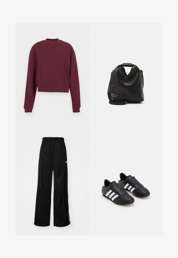 Bluza scurtă vișinie cu mâneci lungi, realizată dintr-un material moale, având guler înalt și logo în relief pe partea din față.; Pantaloni sport largi negri cu talie elastică, având dungi albe pe laturi și un logo mic pe șoldul stâng. Textură de țesătură netedă.; Pantofi de fotbal negri cu o parte superioară din piele texturată, având un vârf căptușit, trei dungi albe pe laterale și o talpă din cauciuc de tip gumă.; Geantă din piele moale, neagră, cu un design unic, răsucit. Dispune de o mânere scurtă și o curea de umăr detașabilă. Stil minimalist.