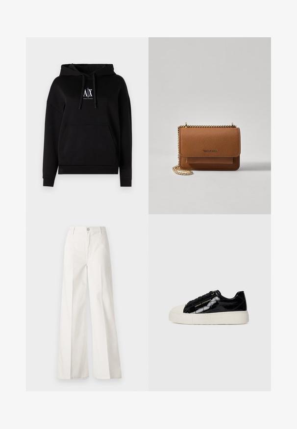 Čierna mikina s kapucňou a predným vreckom, s šnúrkami a logom „A|X“ na hrudi. Vyrobená z mäkkého materiálu s voľným strihom.; Biele široké nohavice vyrobené z bavlny s hladkou textúrou. Obsahujú predný gombík, zips a dizajn so štyrmi vreckami.; Nízkopodrážkové tenisky s čiernym lesklým krokodílím vzorom, béžovou gumovou podrážkou a špičkou, čiernymi šnúrkami a zlatým brandingom "Armani Exchange" na boku.; Hnedá textúrovaná kožená taška cez telo s zlatým reťazovým popruhom a preklopným uzáverom. Predná strana obsahuje detail s logom a vrecko pod preklopkou.