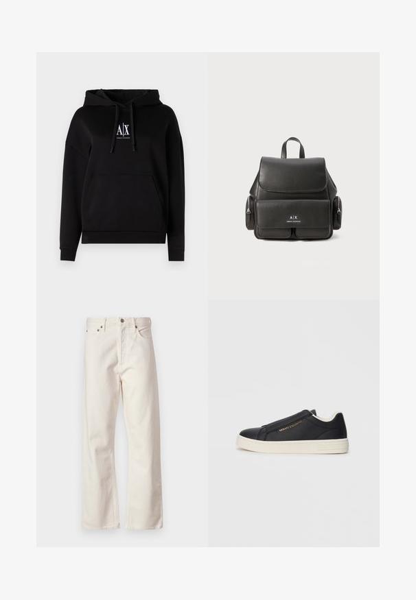 Hanorac negru cu buzunar frontal, șnururi și un logo cu "A|X" pe piept. Fabricat dintr-un material moale, cu o croială lejeră.; Jeans din denim alb cu croială dreaptă, având un design clasic cu cinci buzunare, închidere cu buton metalic și o textură subtilă.; Sneaker slip-on din piele neagră cu talpă albă, logo auriu "Armani Exchange" pe lateral și detalii de cusătură minimaliste.; Rucsac din piele neagră, cu închidere cu clapetă, buzunar frontal, compartimente cu fermoar pe lateral și un mâner de sus. Prezentă detalii cu sigla în față.