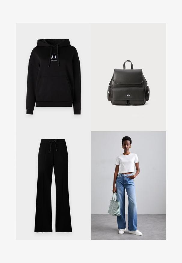 Mustaga kapuutsiga, millel on esitasku, nöörid ja rinnaeosa logo "A|X". Valmistatud pehmest kangast ja lõdva istumisega.; Musthave laiad mustan värvi dressipüksid, millel on reguleeritav vöökoht, külgedel lõhikud, pehme kangas ja elegantne disain.; Valge ribaga lühike T-särk, helesinised laiad teksad ja valged tossud. Hoides roheline ja valge triibuline kott.; Must must nahk Seljakott klapi sulgemisega, esikoti, külgsete tõmblukkudega sektsioonide ja ülemise käepidemega. Esiküljel on logo detailid.
