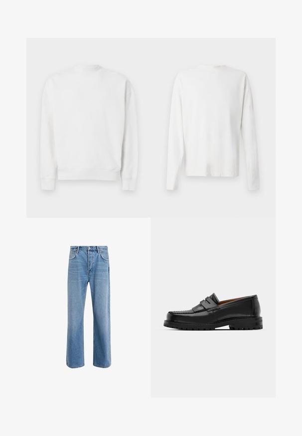 Hvit sweatshirt laget av mykt stoff, med høy hals, lange ermer, og ribbestrikkede mansjetter og kant. Ingen mønstre eller detaljer til stede.; Langermet hvit bomullsskjorte med rund hals, sidespalter nederst og en jevn tekstur, vist fra baksiden.; Lys blå denimjeans med rett ben-design, fem lommer, knappeåpning, minimal falming og kontrasterende sømdetaljer.; Svart skinnloafers har en hevet søm, to dekorative stropper på oversiden, og en tykk teksturert såle for bedre grep.