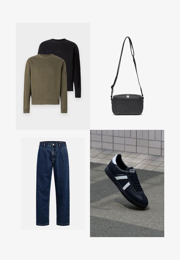 Due felpe a girocollo sono esposte: una verde oliva e una nera. Entrambe presentano una ricamatura del logo in tonalità sul petto e polsini a coste.; Jeans in denim blu scuro con design a gamba dritta. Presentano cuciture visibili, una chiusura con bottone e pieghe frontali per un tocco di dettaglio in più.; Sneaker neri in pelle con strisce bianche, suola in gomma texturizzata e allacciatura frontale. Presenta un'etichetta con il marchio sulla linguetta.; Borsa a tracolla nera in pelle con chiusura zip, logo impresso sul davanti e tracolla regolabile. Texture liscia con forma rettangolare.