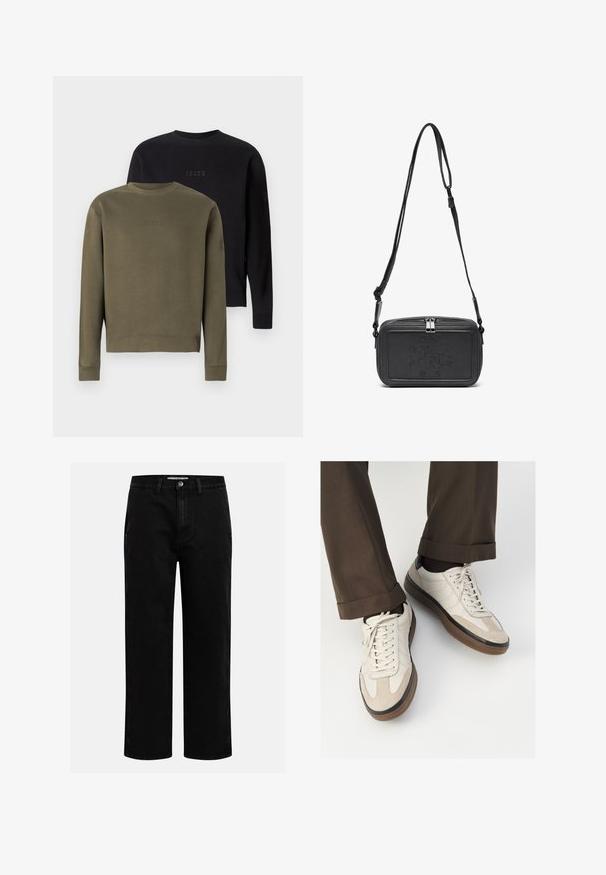 Kaks crew-neck kangast särke on välja pandud: üks oliiviroheline ja teine must. Mõlemal on rinnal tooniühtlane logo tikand ja soonikkoes varrukad.; Mustad denim püksid sirge jala kujundiga, klassikaline viie tasku disain ja nööbid kinniuisutamisel. Sile tekstuur ja vastupidav kangas.; Bežid spordijalised, millel on tekstuuriga suede esiosa, siledast nahast küljed ja pruun kummitald. Lisatud on paelad ja heledad õmbluse detailid.; Musternast mustriga nahast ristiõlgadega kott, millel on tõmbluku sulgemine, esiküljel on sissepressitud logo ja reguleeritav rihm. Sile tekstuur ja ristkülikukujuline kuju.