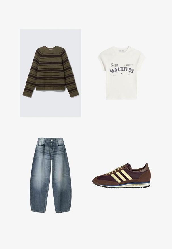 Olivgrüner und dunkelbrauner gestreifter Pullover aus strukturiertem Strickmaterial; mit rundem Ausschnitt und gerippten Bündchen und Saum.; Weißes Baumwoll-T-Shirt mit kurzen Raglanärmeln. Mit einem grafischen Druck "MALDIVES" in Dunkelgrau sowie Logos und den Jahreszahlen 2008 und 2014.; Weite Jeans aus hellblauem Denim mit Ausbleichungen, im fünf-Taschen-Design, mit Knopfverschluss und minimalen Nähtelementen.; Braune und burgunderfarbene Sneaker aus Wildleder und Mesh-Materialien, mit drei cremefarbenen Streifen, strukturiertem Stoff an der Zunge und einer Gummisohle.