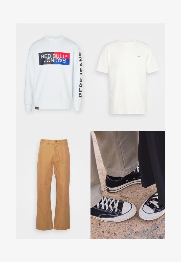 Valge sweatshird, millel on ümmargune kaelus, esiküljel on suur mitmevärviline Red Bull Racing logo ja varrukal tekst "FANS".; Valge puuvillane T-särk ümmarguse kaelusega, lühikeste varrukatega ja väikese musta "W.W." logoga vasakul rinnal. Sile tekstuur, regulaarne lõige.; Küpsised tan värvi cargo püksid, mis on valmistatud vastupidavast kangast. Neil on küljetaskud, metallist detailid, sirge lõige ja tavaline vöökoht.; Mustad musta kanvaasi sneakers, valgete kummist varbakatete ja paeltega. Kontrastne tikand ja metallist silmad lisavad detaile. Kantakse beežide pükstega ja musta kangaga.